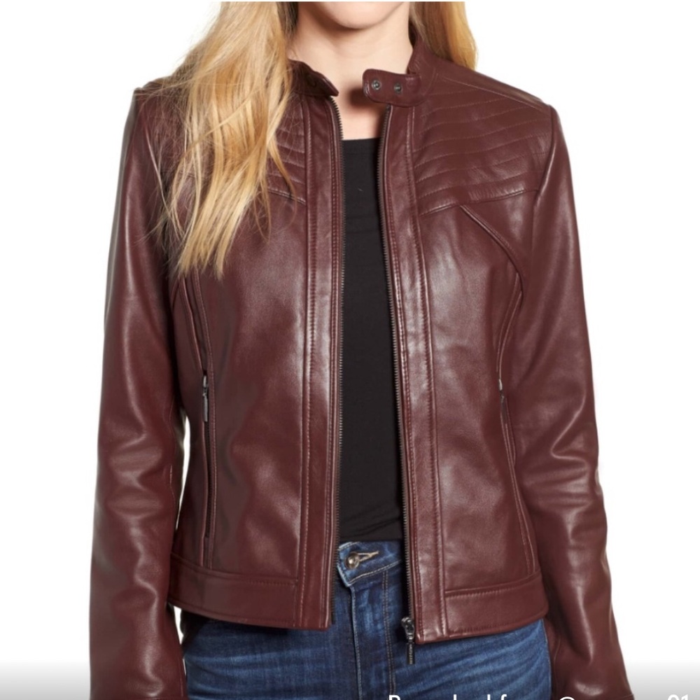 Bernardo Zip Trim Genuine LeatherJacket Burgundy size Small